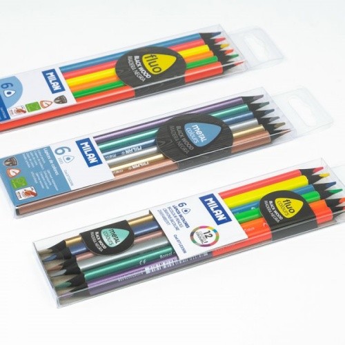 Caja 6 lápices de colores Fluo triangulares, madera negra | MILAN  MILAN