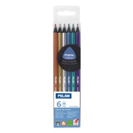 Caixa 6 llapis de colors metal·litzats triangulars, fusta negra | MILAN  MILAN